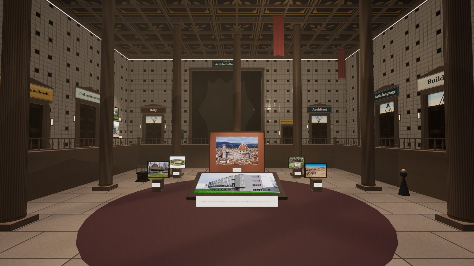 The Architecture room, with tall columns, a coffered ceiling and doors to Italy and Architect.